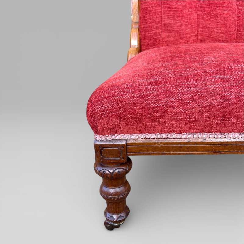 Antique Victorian Pair Of Ladies And Gentlemen’s Red Gothic Revival Oak Chairs - Image 12